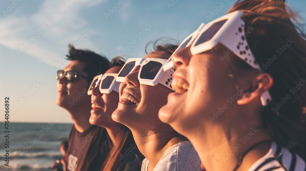Group of people watching a solar eclipse with protective glasses - obrazy, fototapety, plakaty 