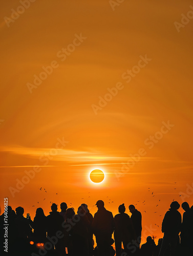 Silhouette back view of people watching solar eclipse on gold sky background