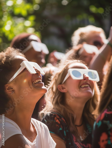 Group of people watching a solar eclipse with protective glasses photo