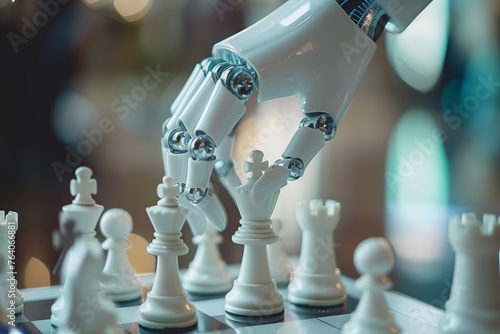 Closeup of hand of AI robot playing chess