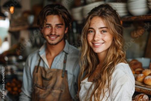 Two friendly bakery staff members smile warmly inside a rustic cafe