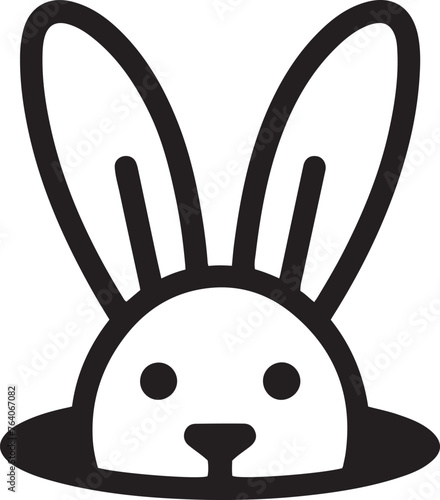 A cute bunny looks out of a hole. Rabbit for Easter design. Cartoon ears on white background