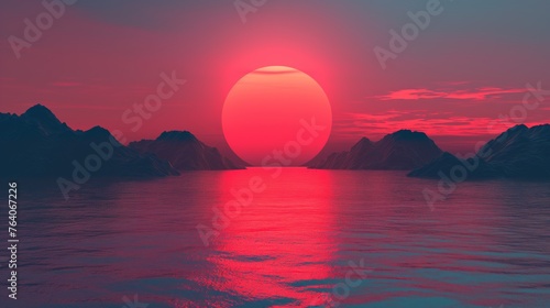 Orange sky ablaze as the sun dips below the horizon, casting reflections on the calm ocean water. illustration