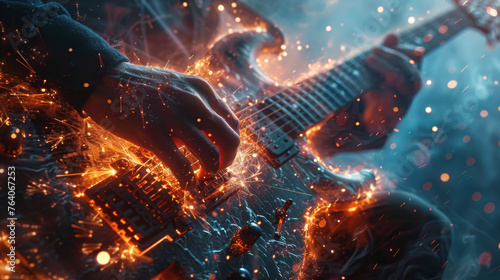 A person is playing a guitar with a lot of sparks flying out of it photo