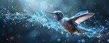 Harmonious data flow concept with Digital humming bird flying on dark-blue background