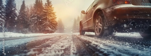 Closeup of winter car tires on snowy road during snowfall, showing wheels spinning and throwing snow while trying to gain traction, concept of winter travel and road safety 