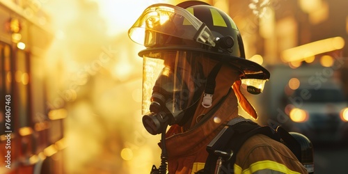 Portrait of a fireman wearing firefighter turnouts and helmet.  photo