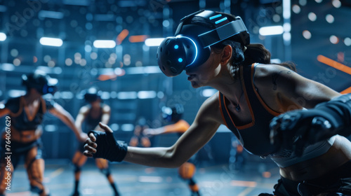 Intense focus is captured in this competitive virtual reality gaming moment, blending physical endurance with cutting-edge technology