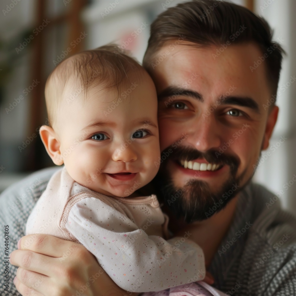 A joyful young father holding his smiling baby A joyful young father holding his smiling baby