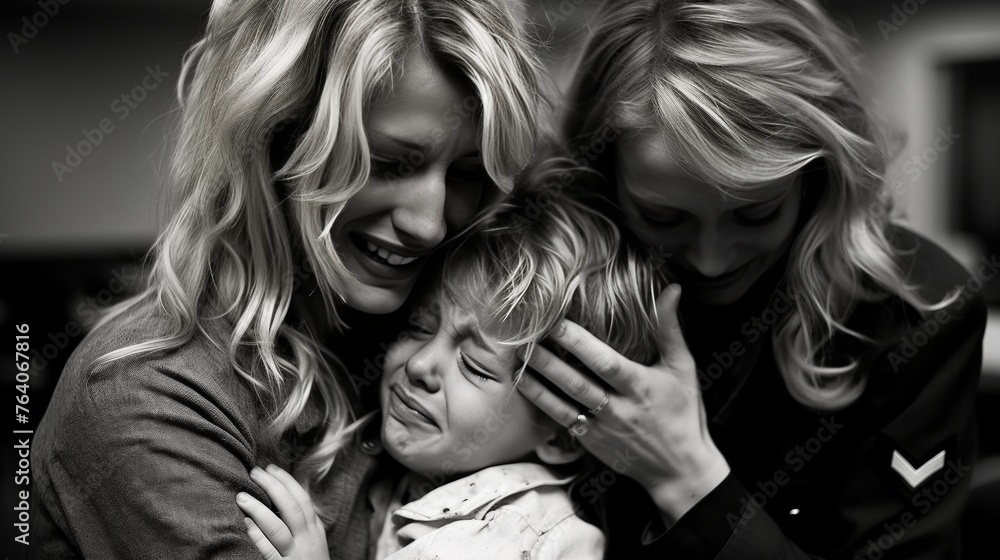 Gender couple of women and their adopted child, happy family and motherhood concept, monochrome, banner