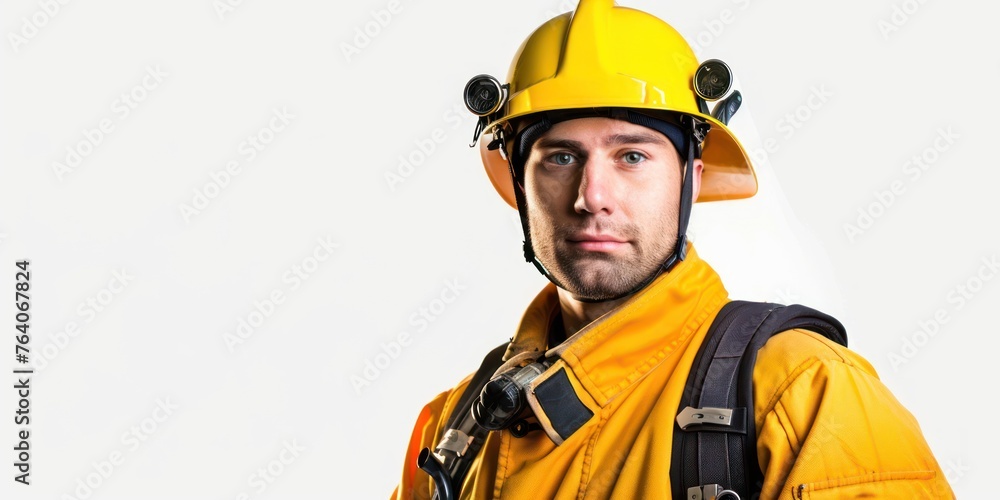 Portrait of a fireman wearing firefighter turnouts and helmet. Portrait of a fireman wearing firefighter turnouts and helmet.