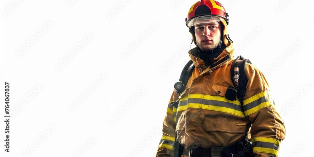 Portrait of a fireman wearing firefighter turnouts and helmet. 