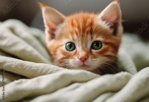 A red little kitten is wrapped in a blanket. Domestic ginger kitten for love and care © Olga Troitskaja