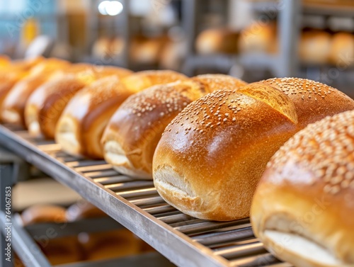 Rows of golden bread loaves with sesame seeds on industrial conveyor belt in bakery.