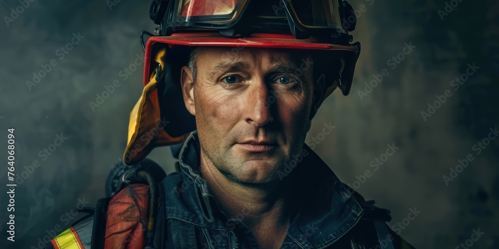 Portrait of a fireman wearing firefighter turnouts and helmet. Portrait of a fireman wearing firefighter turnouts and helmet.
