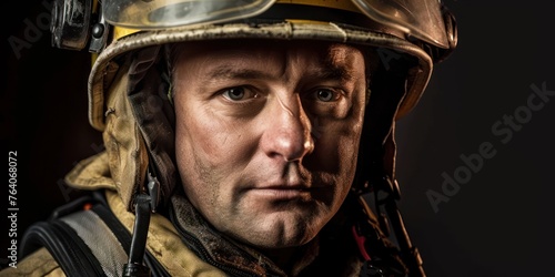 Portrait of a fireman wearing firefighter turnouts and helmet. 