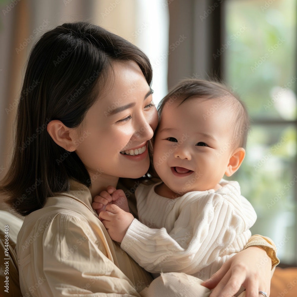 Smiling Asian Mother Holding Happy Baby for Family or Parenting Concept Smiling Asian Mother Holding Happy Baby for Family or Parenting Concept