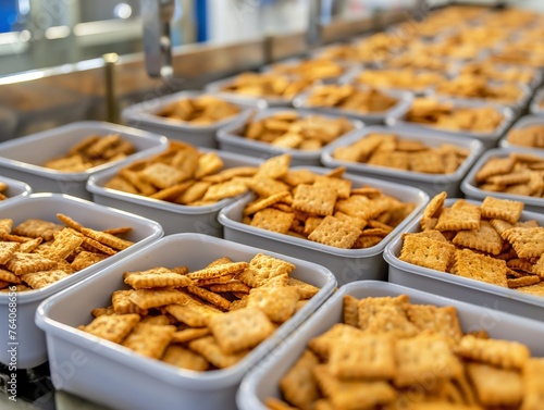 Rows of white containers filled with golden brown biscuits in a market setting.