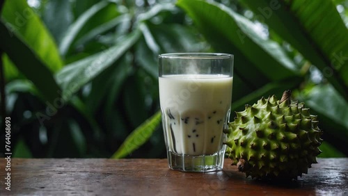 soursop fruit and a glass of warm milk photo