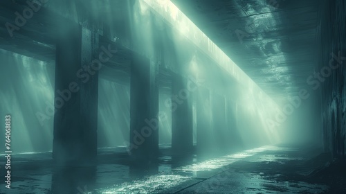 Mystical light rays in a dark industrial underpass with water reflections photo