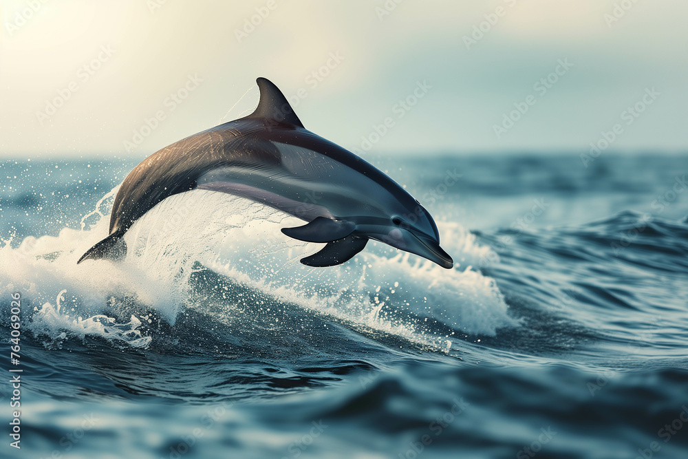 Fototapeta premium A playful dolphin leaps out of the blue ocean waves.