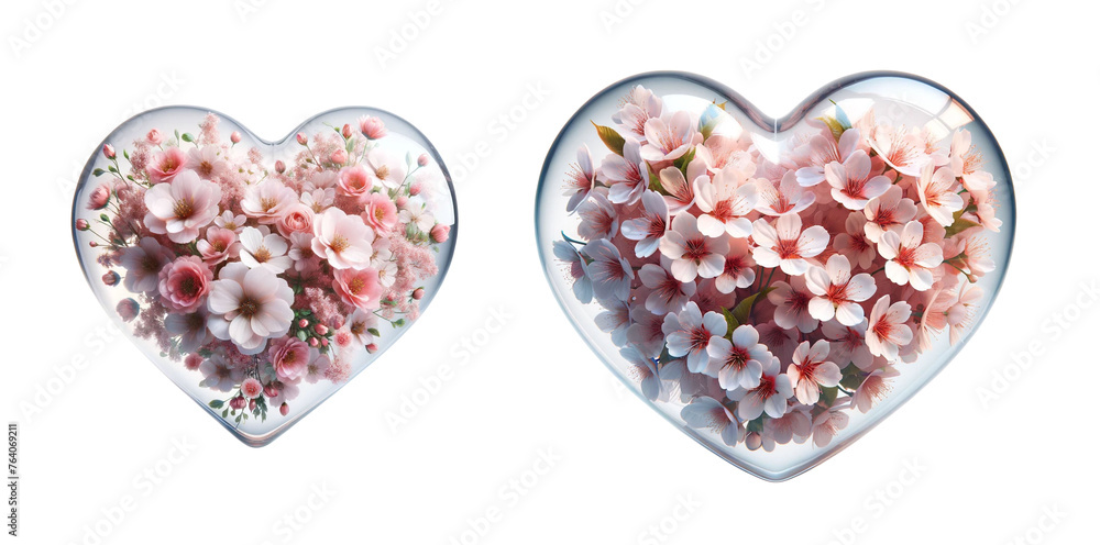 3d realistic pink flower glass heart icon set isolated on a transparent background. 3d realistic pink flower glass heart icon set isolated on a transparent background.