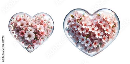3d realistic pink flower glass heart icon set isolated on a transparent background.