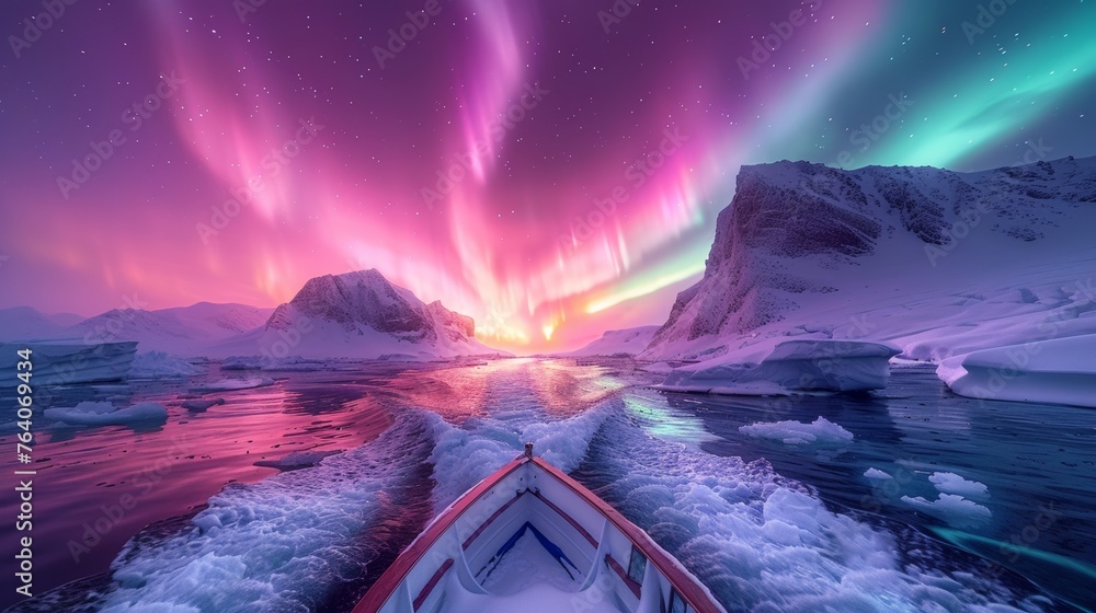 Boat heading towards a sunset under the northern lights