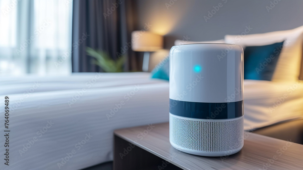 Modern air purifier is on the table in the bedroom. Modern air purifier is on the table in the bedroom.