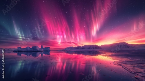 Aurora borealis over icy landscape