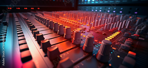 Equalizer audio mixer sound board inside a recording studio © pickypix