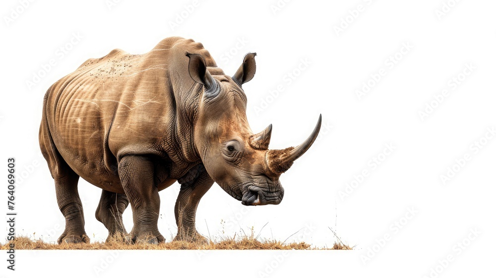 Fototapeta premium A stoic rhinoceros with a horn gleaming, standing firm and unwavering against a pure white background.