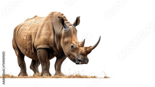 A stoic rhinoceros with a horn gleaming, standing firm and unwavering against a pure white background.