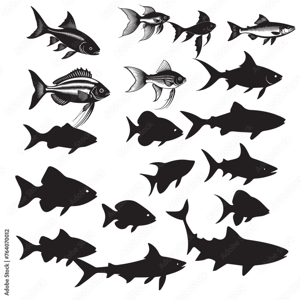 Fototapeta premium Fish silhuette illustration black and white vector image