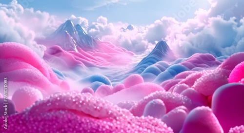 Fog of cotton candy mist rolling over hills of jelly beans photo