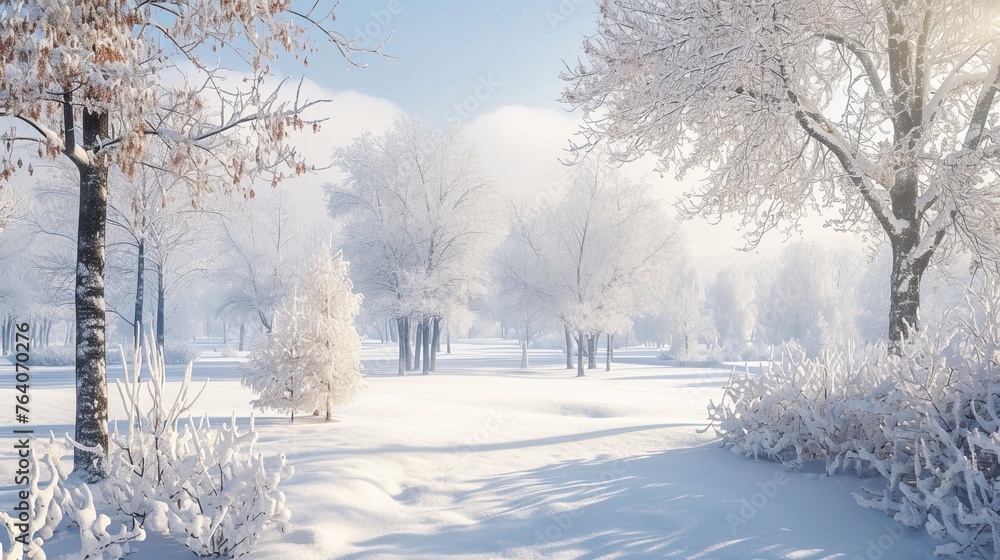 Snow-covered landscape with trees, creating a serene winter wonderland


