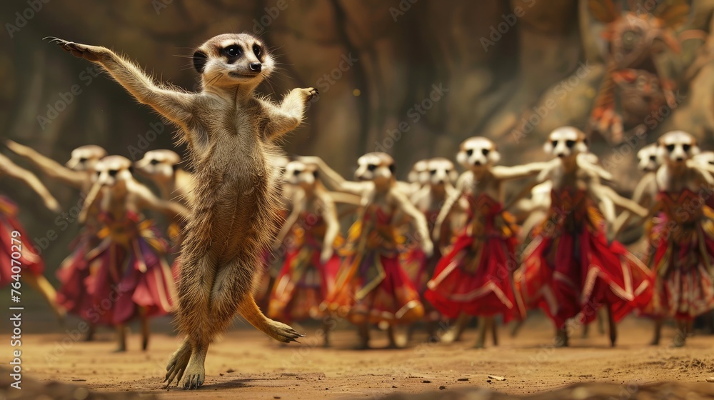 Naklejka premium A solitary meerkat leading a troupe of synchronized dancers in a lively performance.