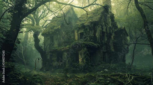 Abandoned house in misty forest