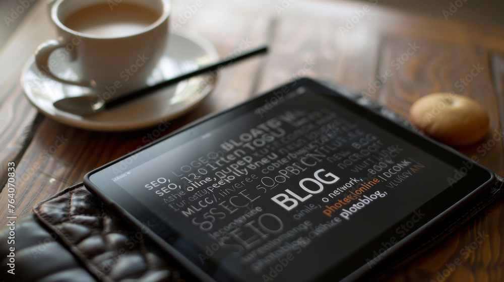 A steaming cup of coffee, a cookie, a stylus, and a tablet with the word A steaming cup of coffee, a cookie, a stylus, and a tablet with the word
