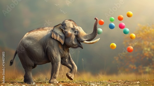 A solitary elephant elegantly juggling colorful balls with its trunk.