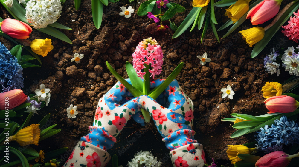 Gloved hands planting bulbs among a vibrant array of spring flowers.