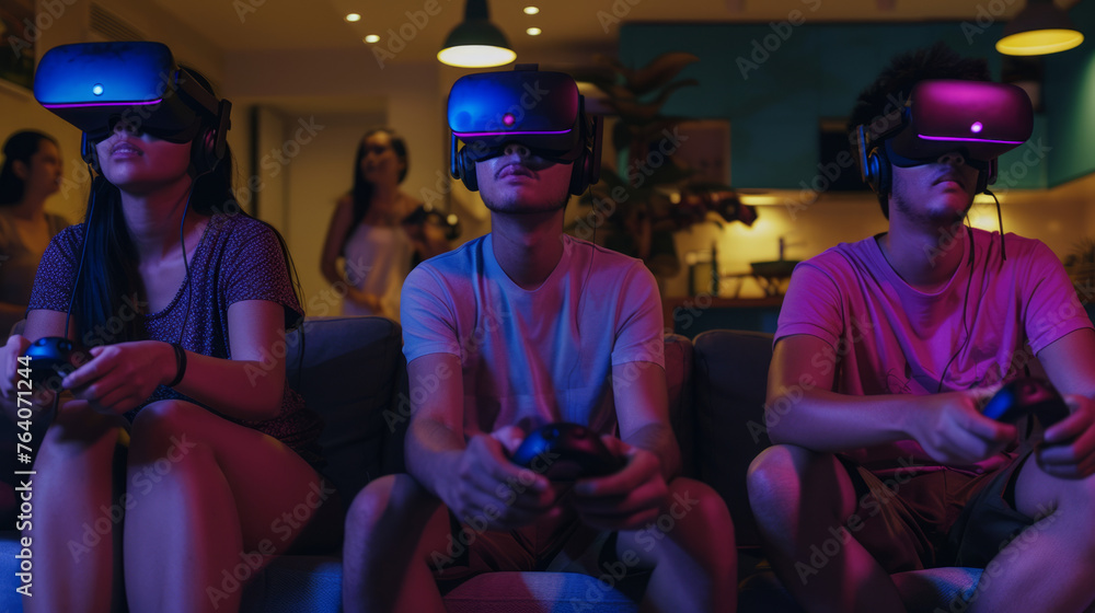 Friends gather in a cozy room enjoying competitive virtual reality games, showcasing technology and entertainment