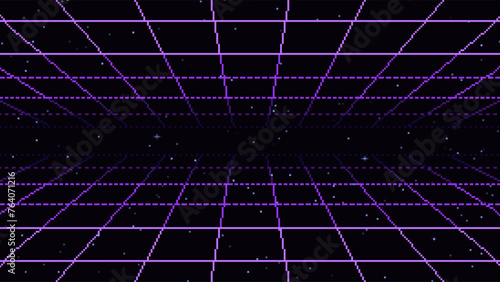 Pixel art 8-bit cyber space background. Retro futuristic synthwave grid, digital pixelated stars and virtual reality space perspective vector backdrop illustration