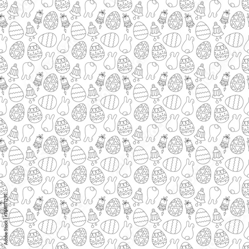 Seamless pattern with Easter eggs, Easter bunnies and bells. Doodle vector illustration.