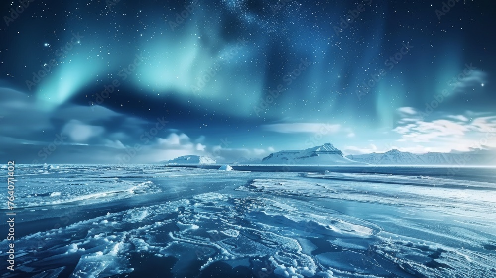 Aurora borealis over icy arctic landscape