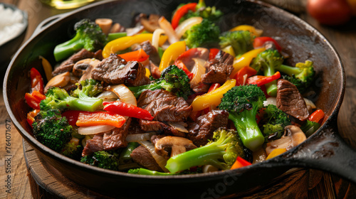 A stir-fried beef and vegetable dish in a cast iron skillet.