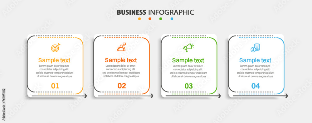 Business infographic template with 4 options, steps, workflow, process chart. Can be used for workflow layout, diagram, annual report, web design, steps or processes	