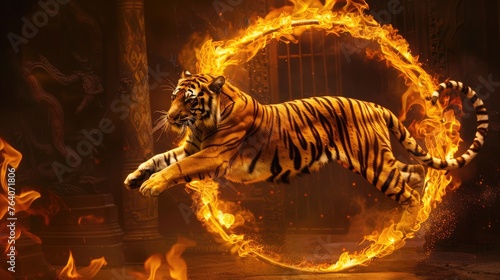 A single tiger leaping through a fiery hoop, its stripes illuminated by the flames.