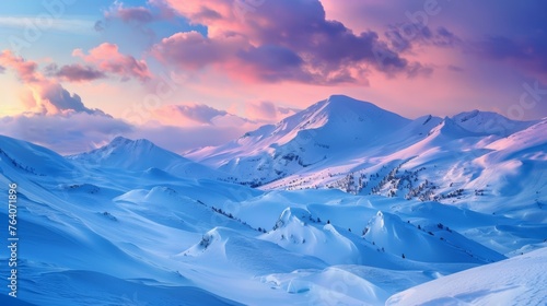 Snow-covered mountain landscape at sunset