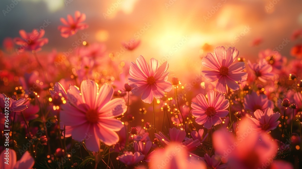 Sunset over a field of pink flowers Sunset over a field of pink flowers
